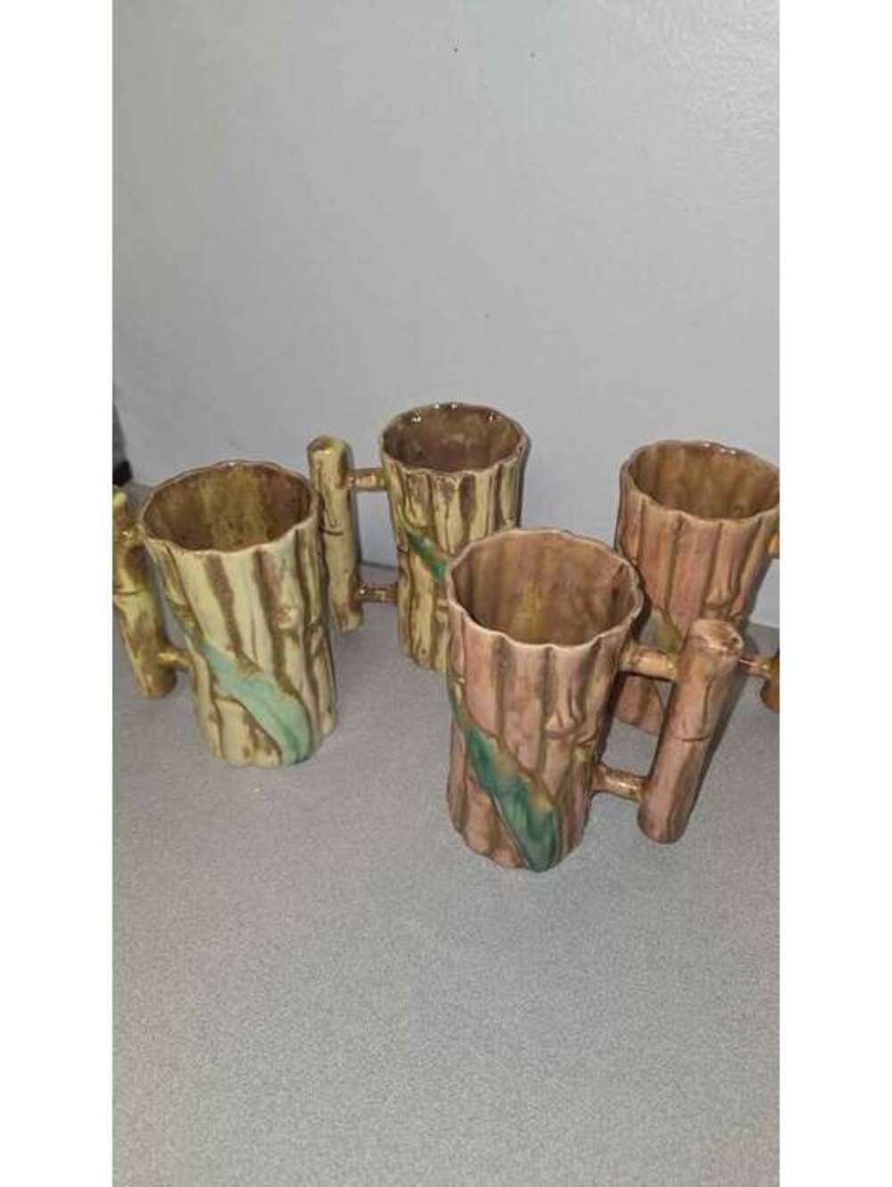 Set of 4 Vintage Pottery Tree Trunk Mugs Rustic Cabin Style Handcrafted